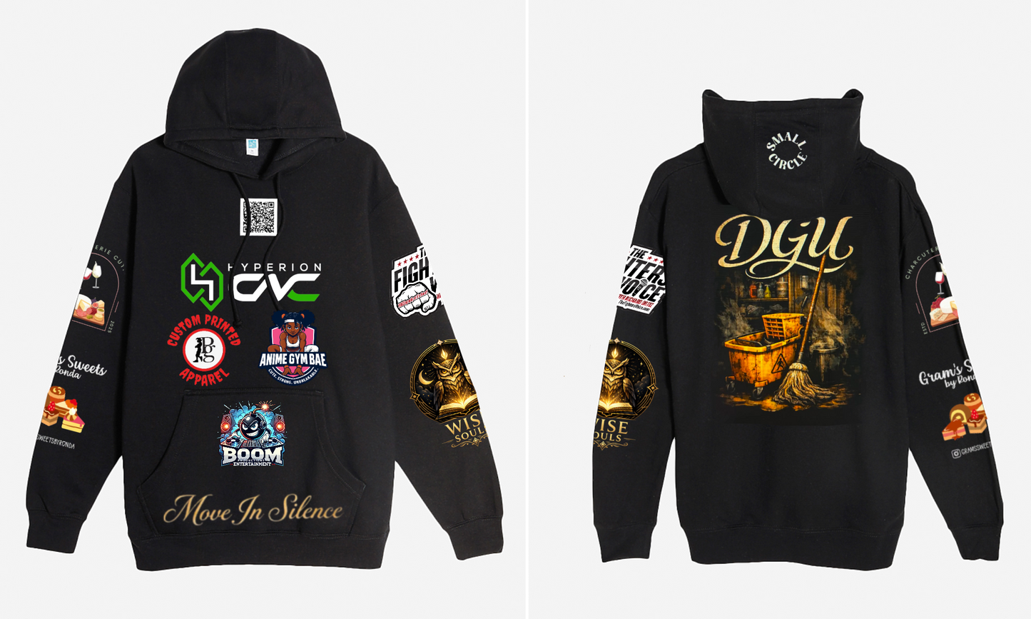 Custom DGU Hoodie (black XL hoodie with 12 logos)